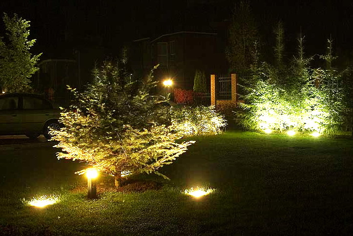 Ландшафтное освещение несет в себе как декоративную функцию (подсветка деревьев, альпина